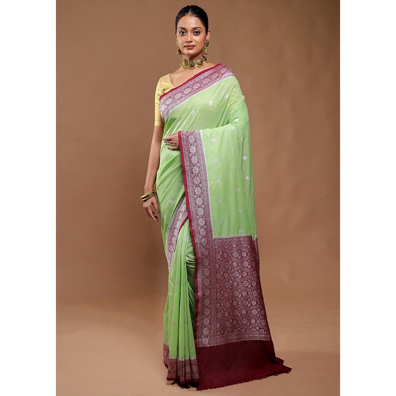 Green Dupion Silk Saree With Blouse Piece - JD986610800