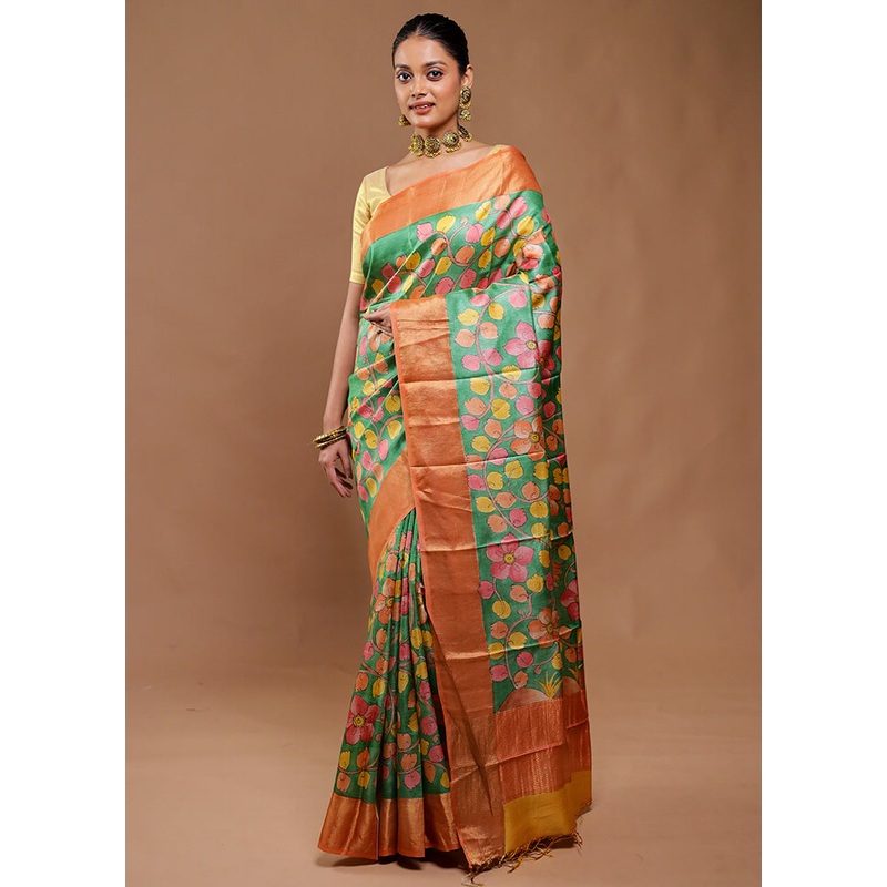 Green Handloom Tussar Pure Silk Saree With Blouse Piece - JD986610796