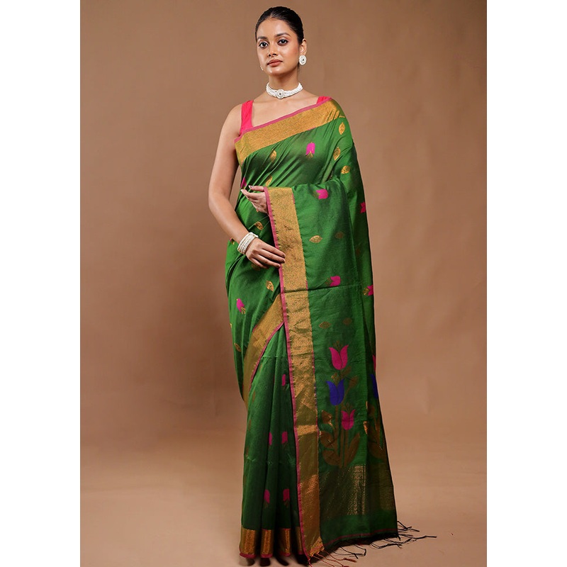 Green Matka Silk Saree With Blouse Piece - JD986610795