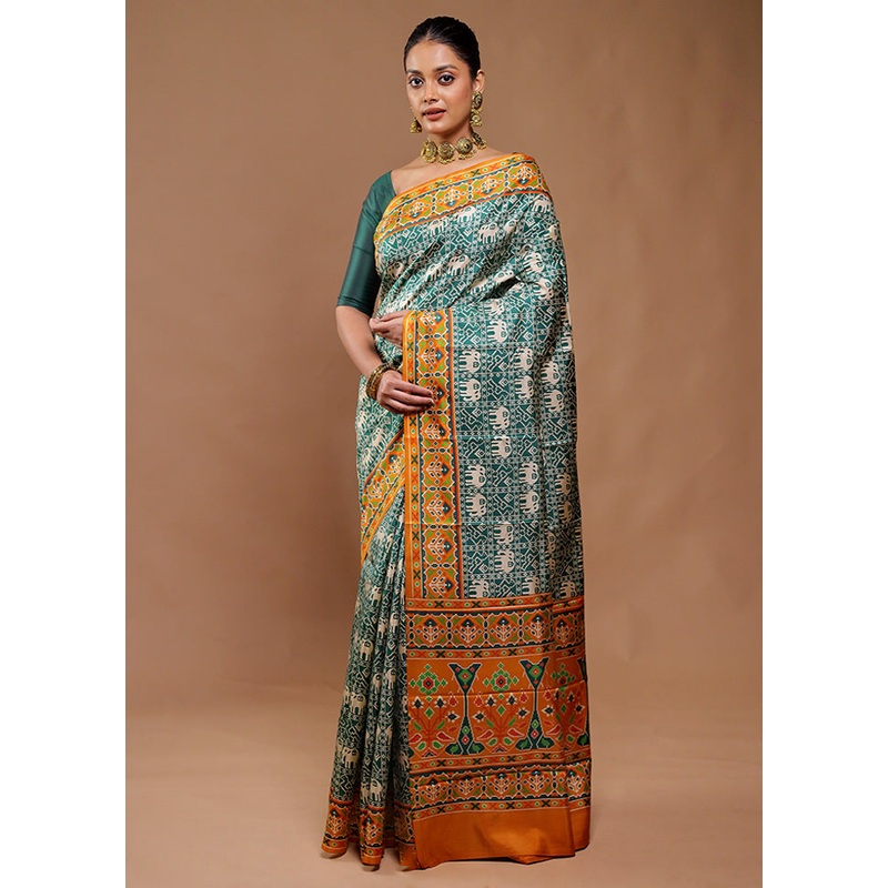 Green Printed Pure Silk Saree Without Blouse Piece - JD986610794