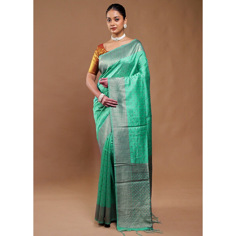 Green Tussar Silk Saree With Blouse Piece - JD986610791