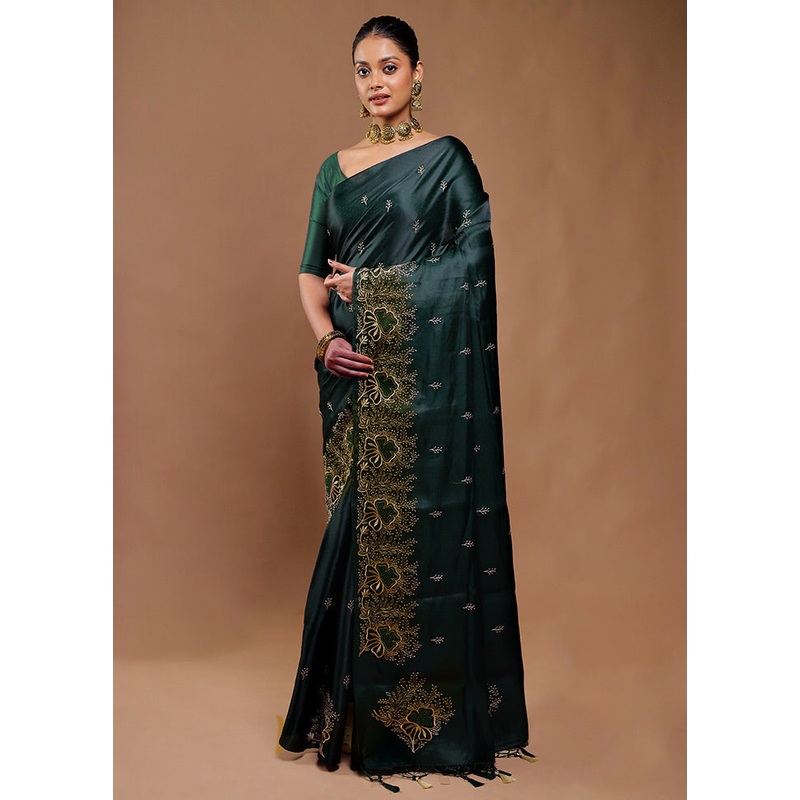 Green Tussar Silk Saree With Blouse Piece - JD986610792