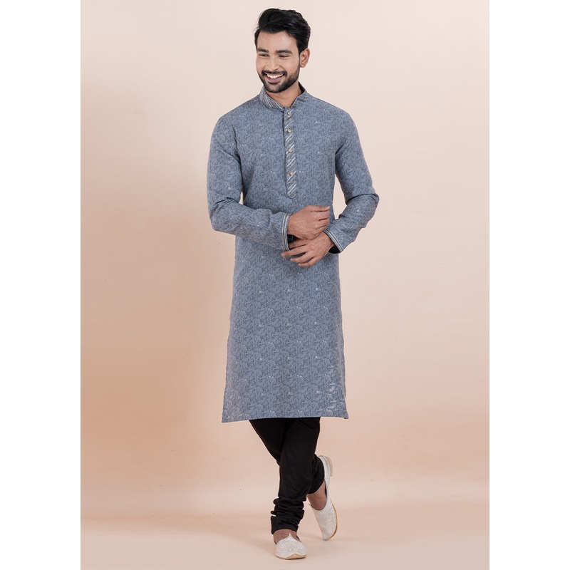Grey Cotton Kurta And Pajama Set - JD986610728