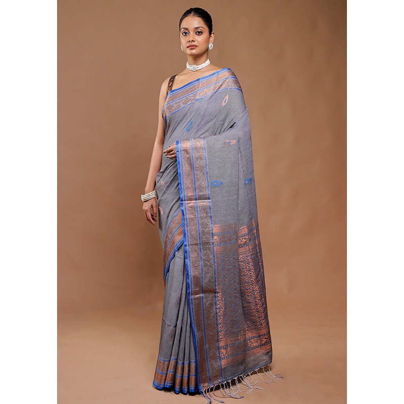 Grey Matka Silk Saree With Blouse Piece - JD986610788