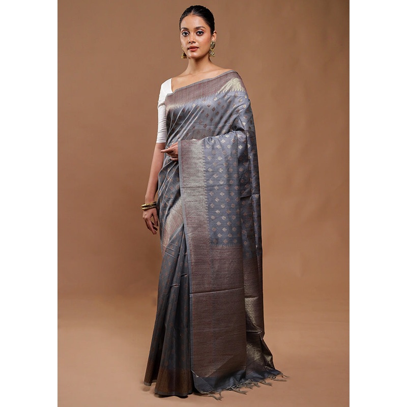 Grey Tussar Silk Saree With Blouse Piece - JD986610786