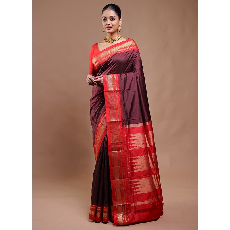 Maroon Handloom Kanjivaram Pure Silk Saree With Blouse Piece - JD986610784