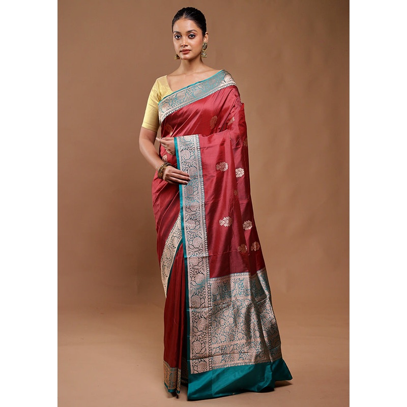 Maroon Handloom Katan Pure Silk Saree With Blouse Piece - JD986610783
