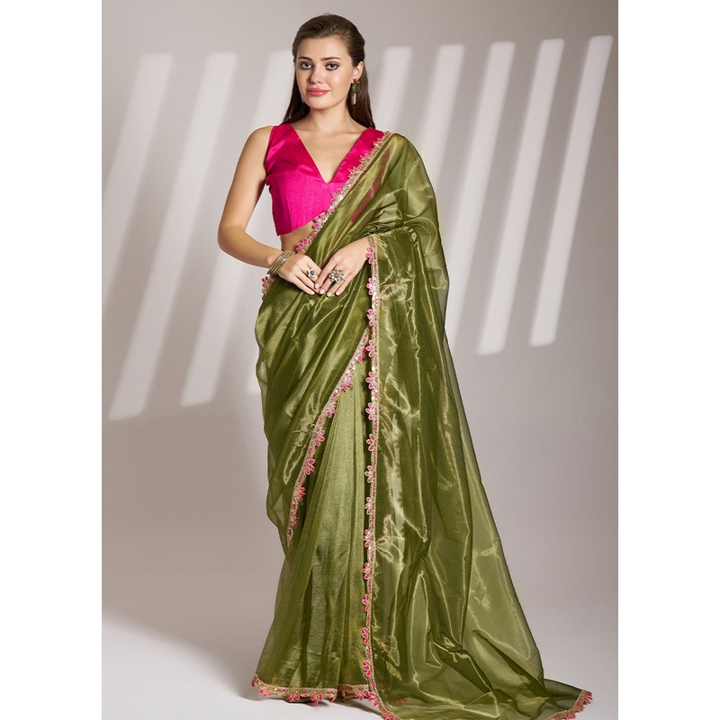 Mehendi Net Saree With Blouse Piece - JD986610736