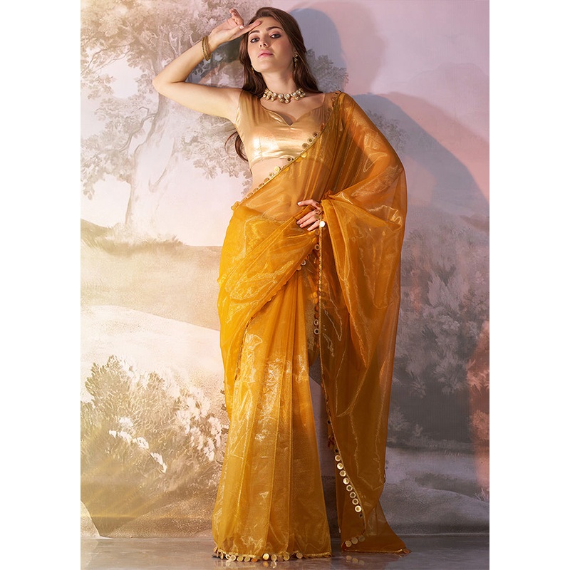 Mustard Net Saree With Blouse Piece - JD986610737