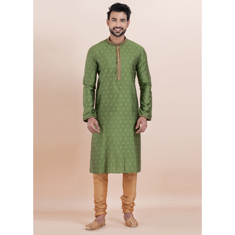 Olive Green Cotton Kurta And Pajama Set - JD986610720