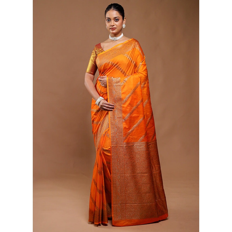 Orange Dupion Silk Saree With Blouse Piece - JD986610778