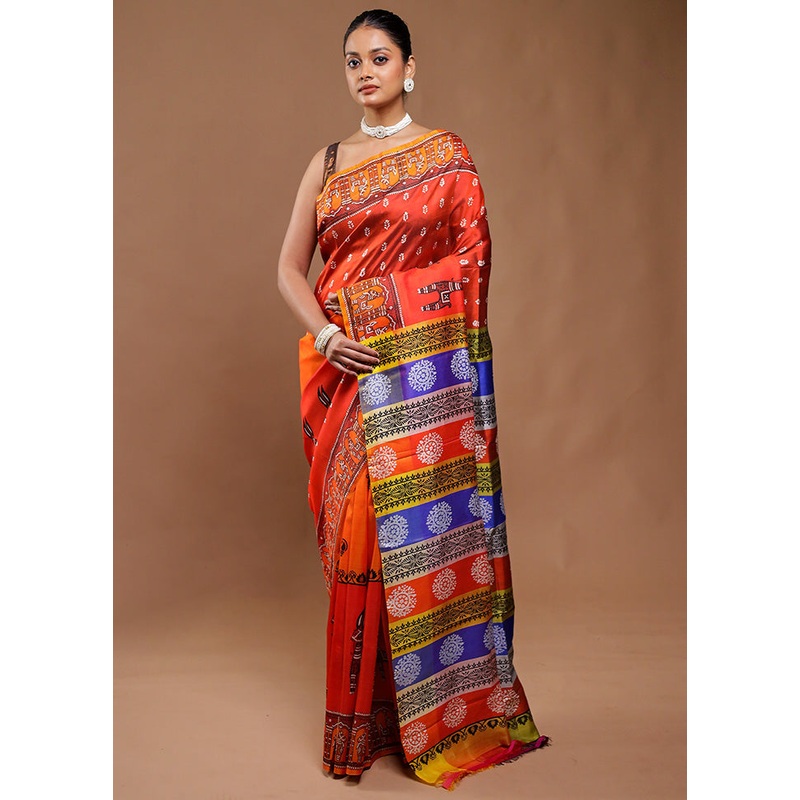 Orange Printed Pure Silk Saree Without Blouse Piece - JD986610776