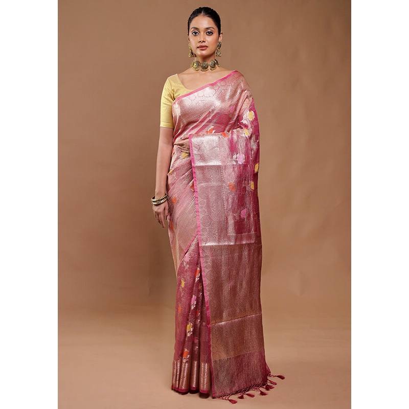 Pink Crushed Tissue Silk Saree With Blouse Piece - JD986610774