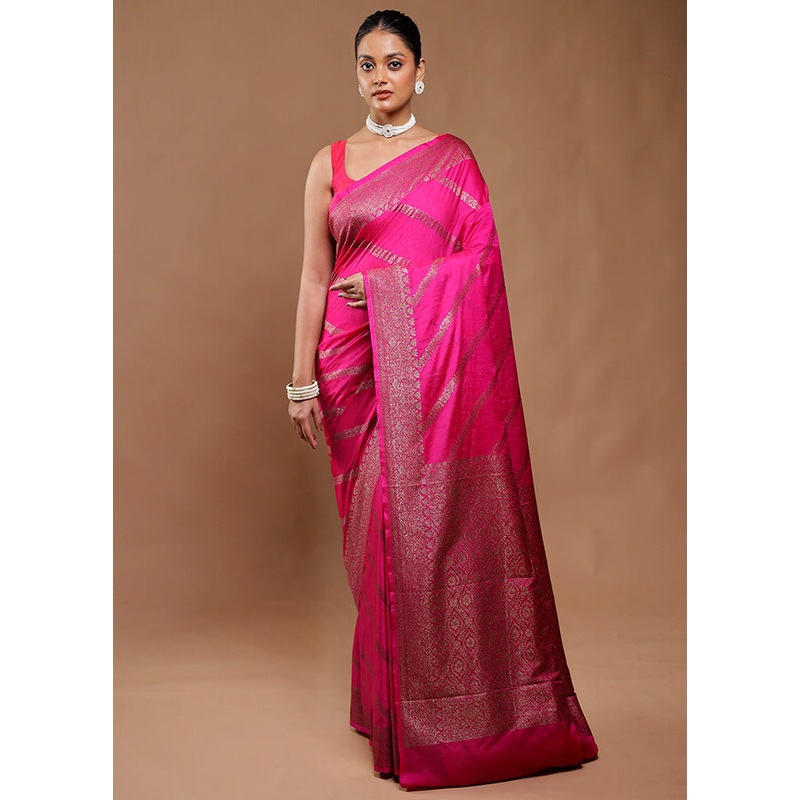 Pink Dupion Silk Saree With Blouse Piece - JD986610772