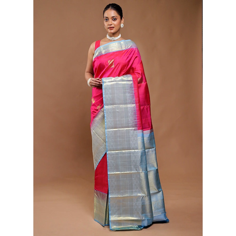 Pink Handloom Kanchipuram Pure Silk Saree With Blouse Piece - JD986610770