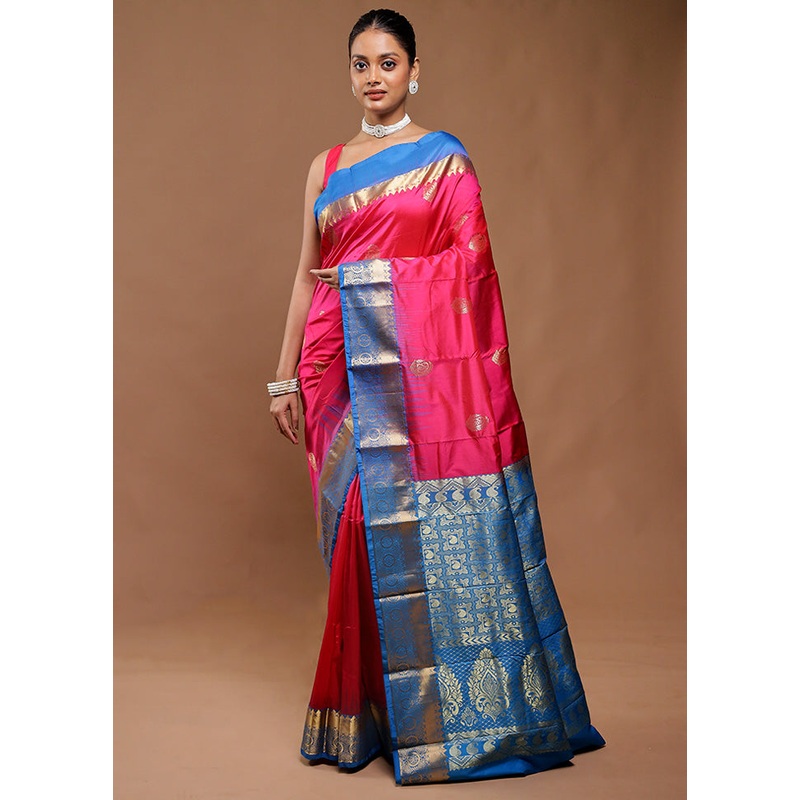 Pink Handloom Kanjivaram Pure Silk Saree With Blouse Piece - JD986610769