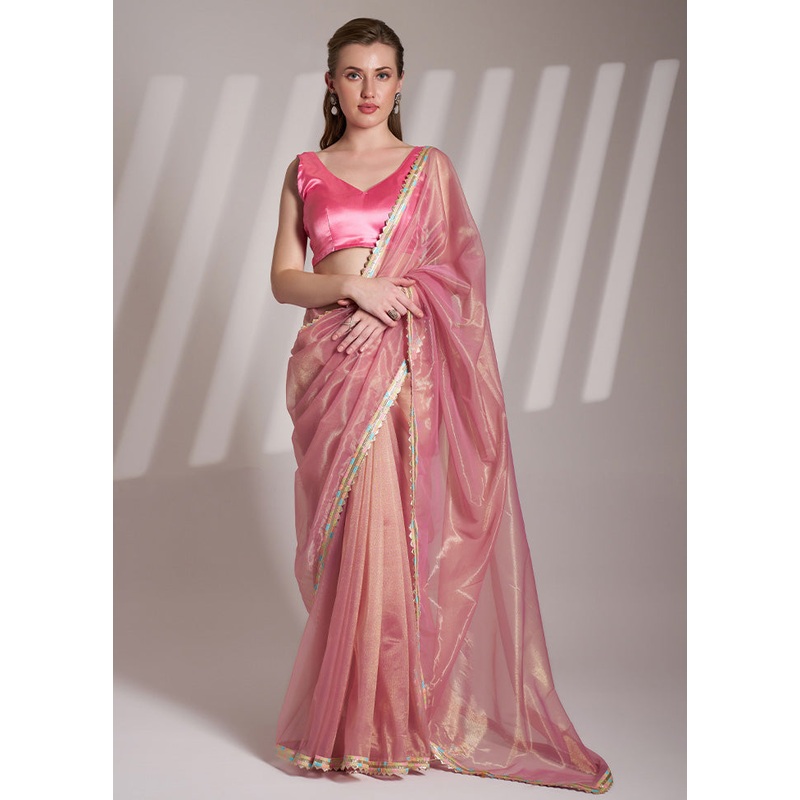 Pink Net Saree With Blouse Piece - JD986610738