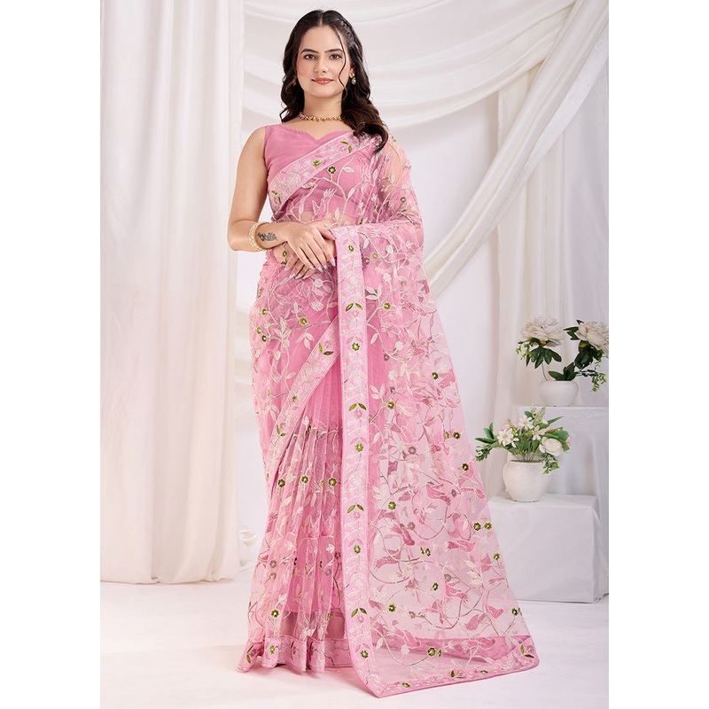 Pink Net Saree With Blouse Piece - JD986610874