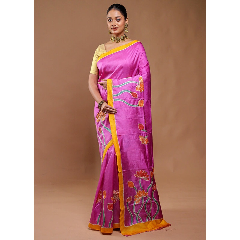 Pink Printed Pure Silk Saree Without Blouse Piece - JD986610766