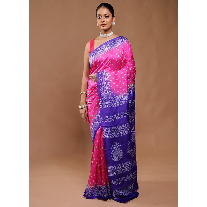 Pink Printed Pure Silk Saree Without Blouse Piece - JD986610767