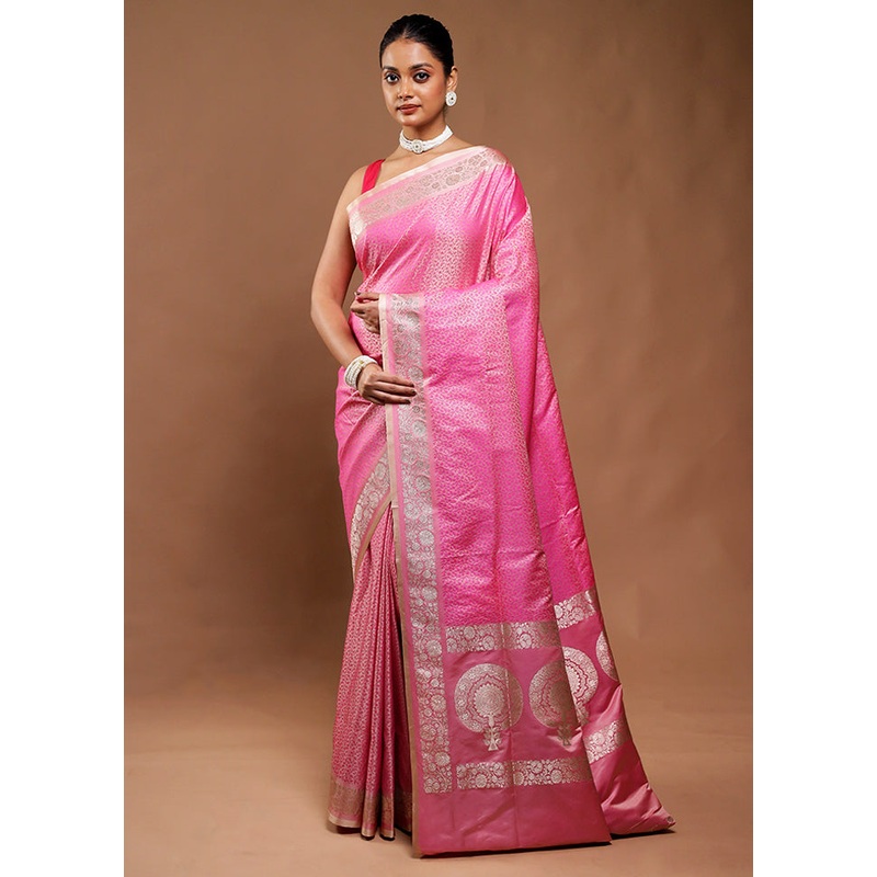 Pink Tanchoi Silk Saree With Blouse Piece - JD986610764