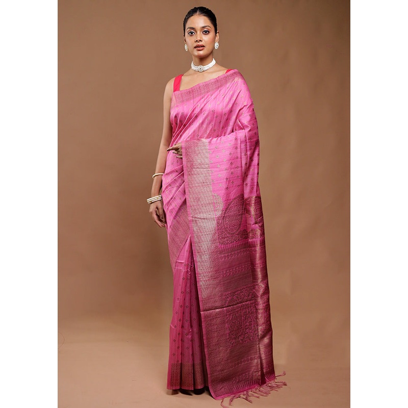 Pink Tussar Silk Saree With Blouse Piece - JD986610763