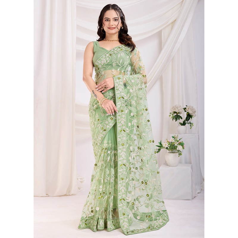 Pista Green Net Saree With Blouse Piece - JD986610869