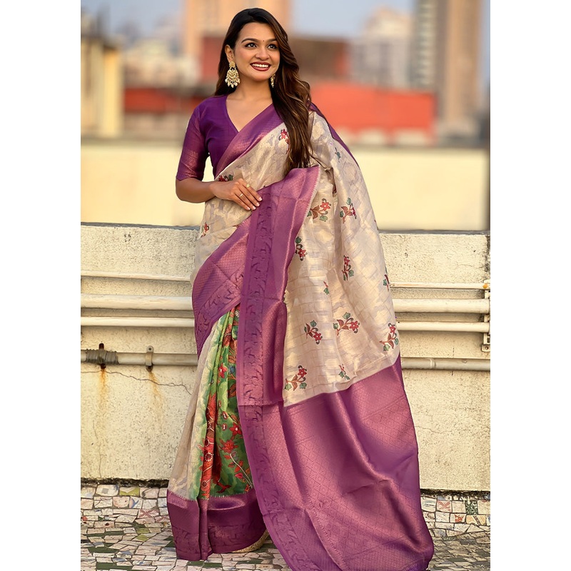 Purple Cotton Saree With Blouse Piece - JD986610867