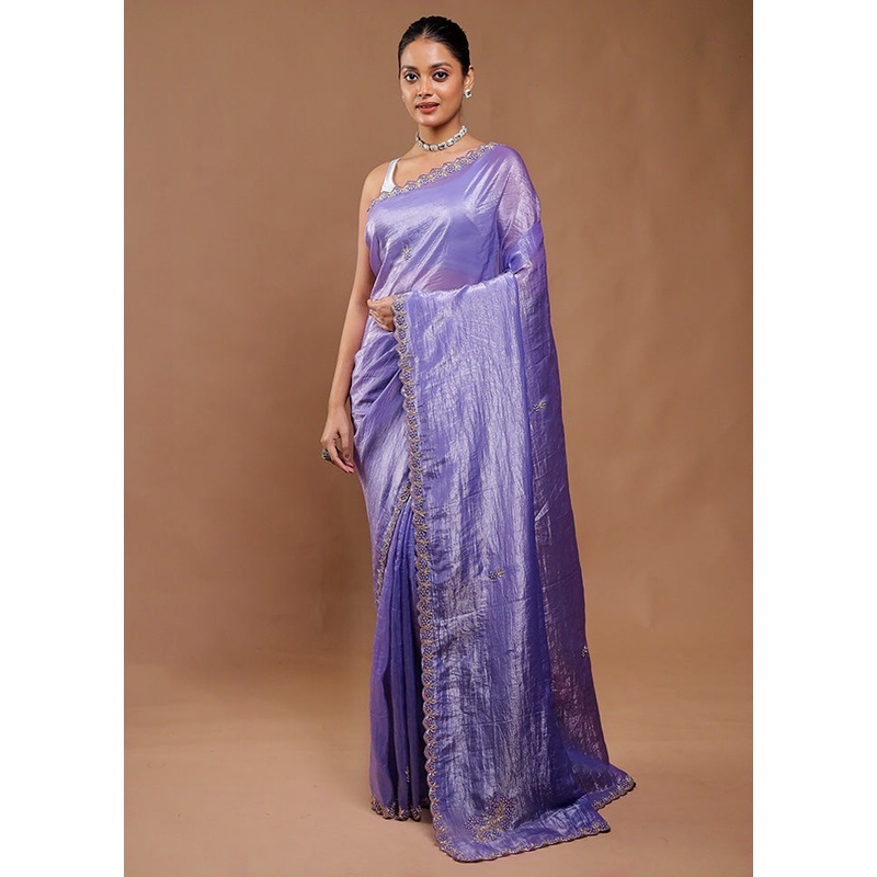 Purple Crushed Tissue Silk Saree With Blouse Piece - JD986610761