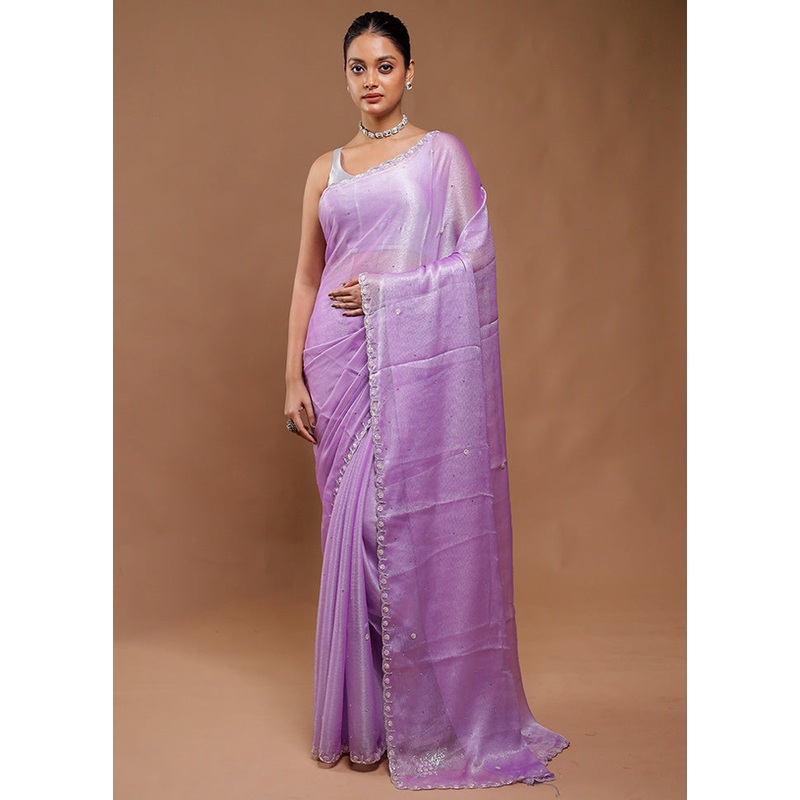 Purple Crushed Tissue Silk Saree With Blouse Piece - JD986610762