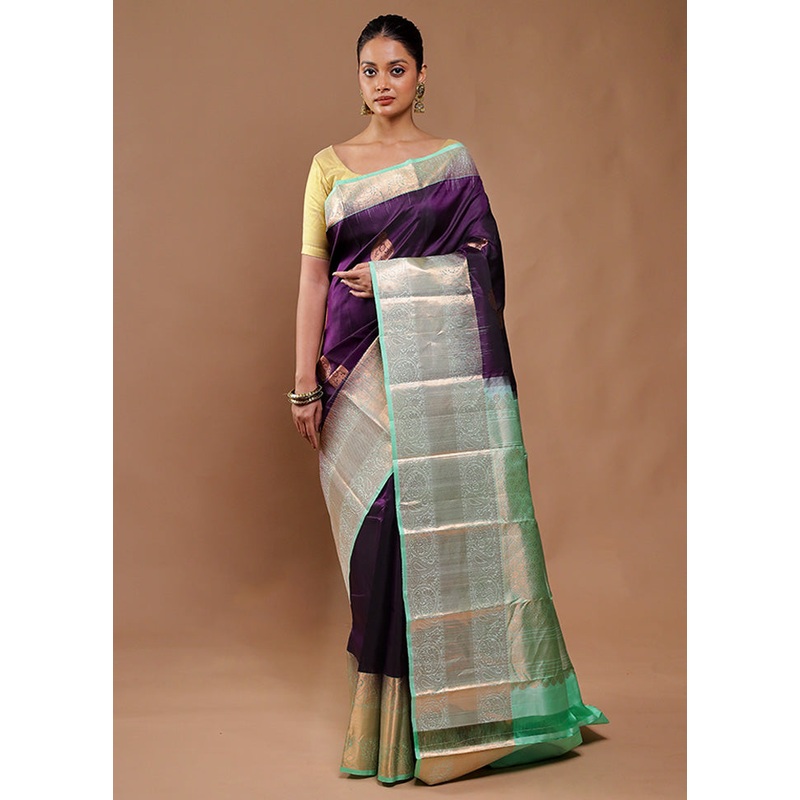 Purple Handloom Kanchipuram Pure Silk Saree With Blouse Piece - JD986610758
