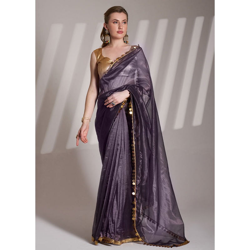 Purple Net Saree With Blouse Piece - JD986610740