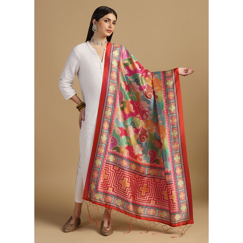 Red Banarasi Silk Dupatta - JD986610843
