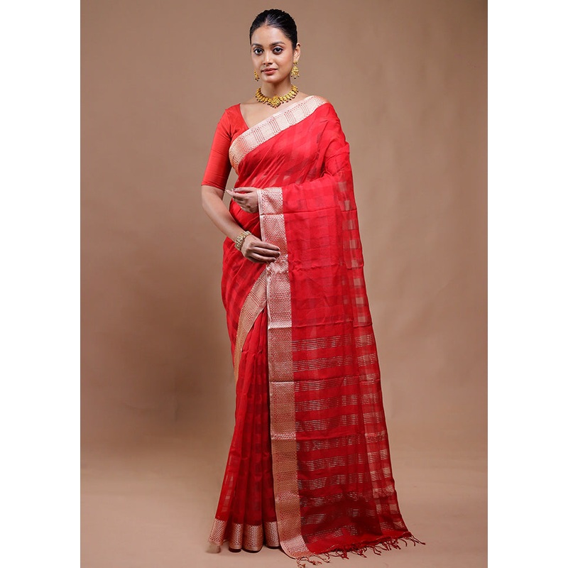 Red Cotton Saree With Blouse Piece - JD986610753