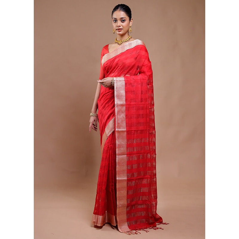 Red Cotton Saree With Blouse Piece - JD986610754