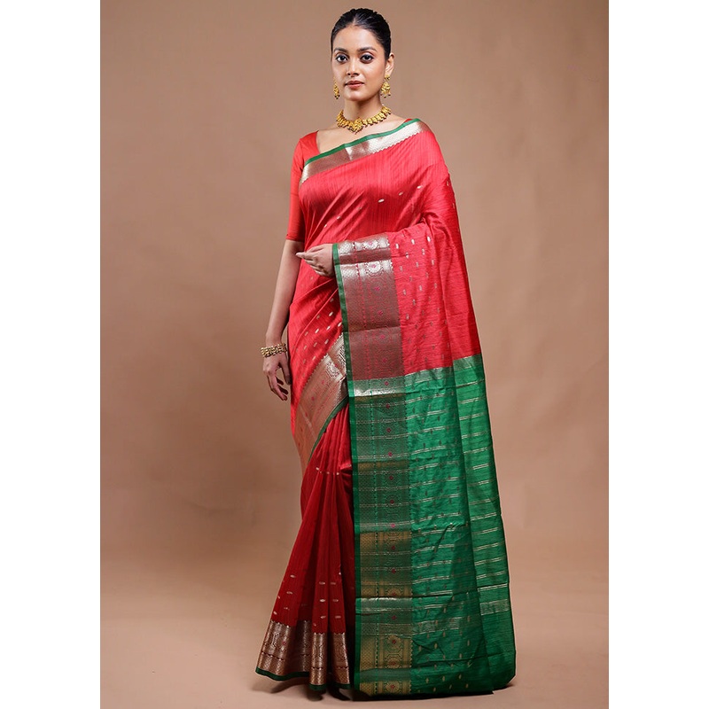 Red Cotton Saree With Blouse Piece - JD986610755