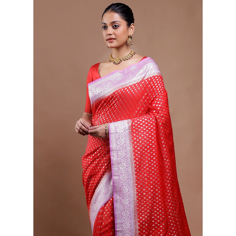 Red Dupion Silk Saree With Blouse Piece - JD986610752