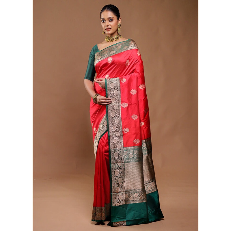 Red Handloom Katan Pure Silk Saree With Blouse Piece - JD986610750