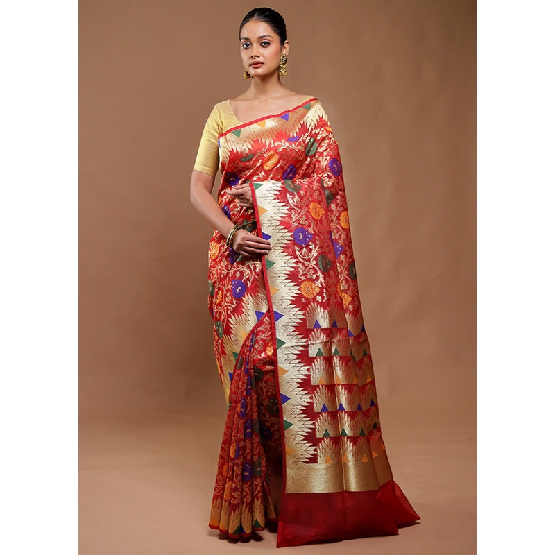 Red Organza Saree With Blouse Piece - JD986610749