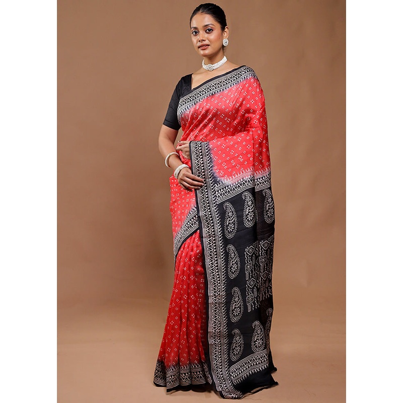 Red Printed Pure Silk Saree Without Blouse Piece - JD986610748