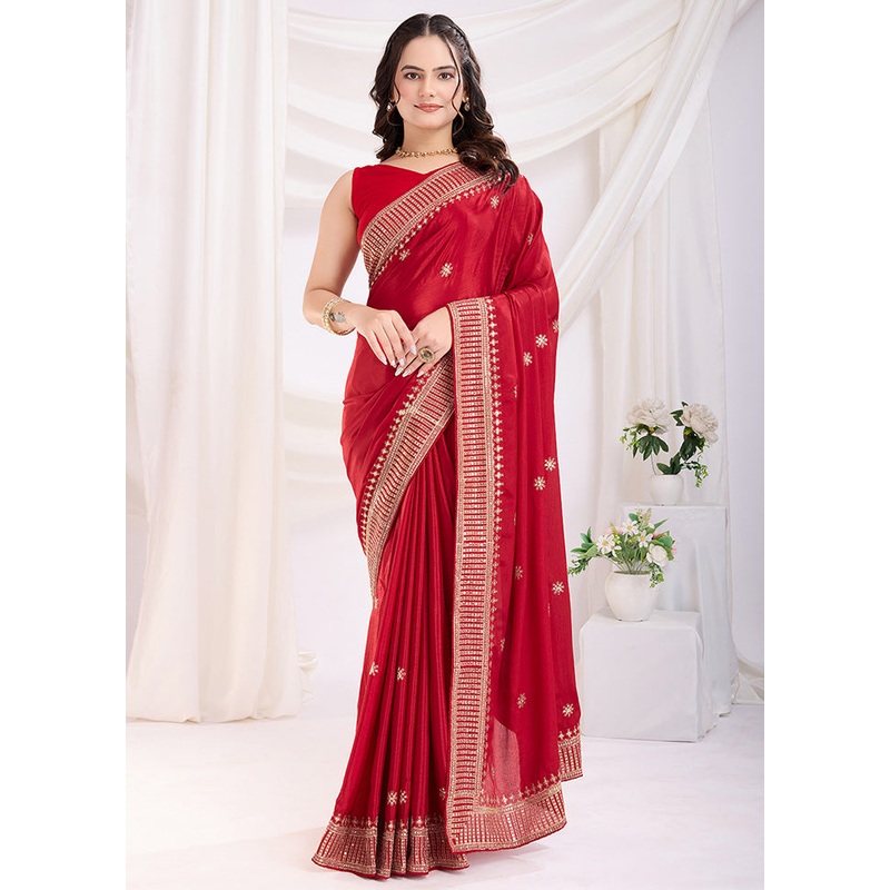 Red Spun Silk Saree With Blouse Piece - JD986610862