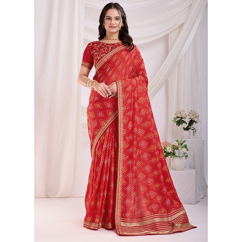 Red Spun Silk Saree With Blouse Piece - JD986610863