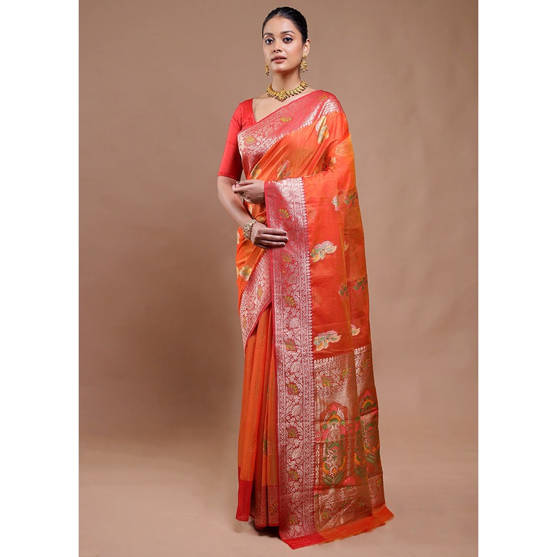 Rust Dupion Silk Saree With Blouse Piece - JD986610747