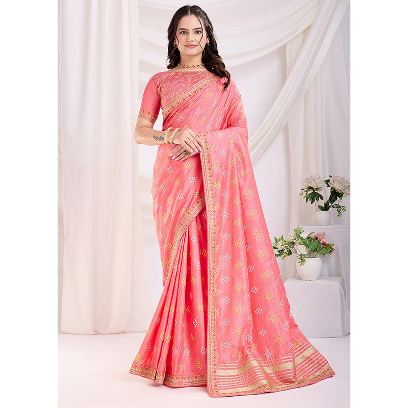 Salmon Pink Spun Silk Saree With Blouse Piece - JD986610861