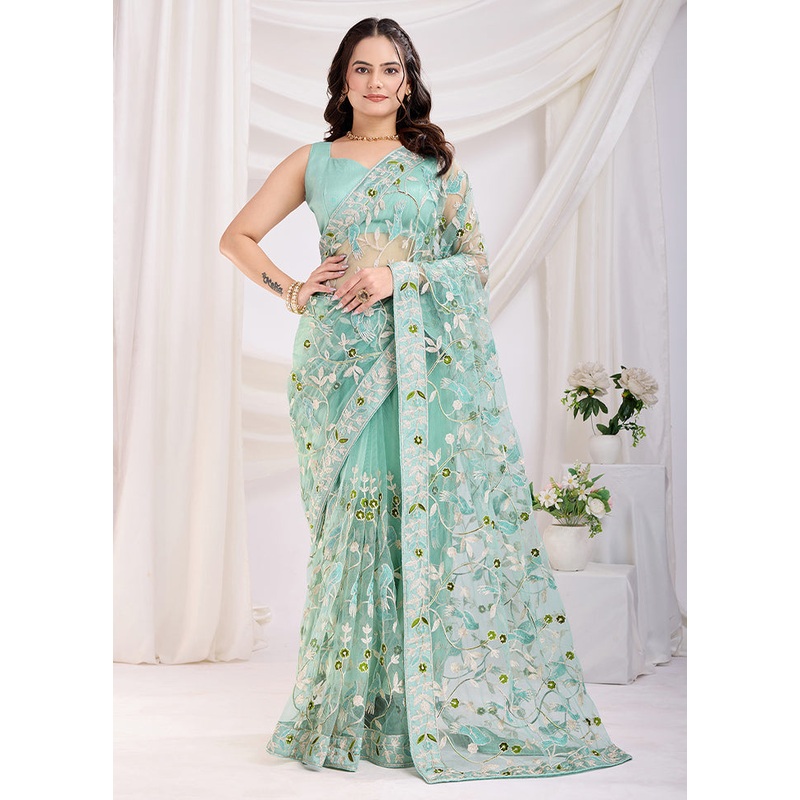 Sea Green Net Saree With Blouse Piece - JD986610860