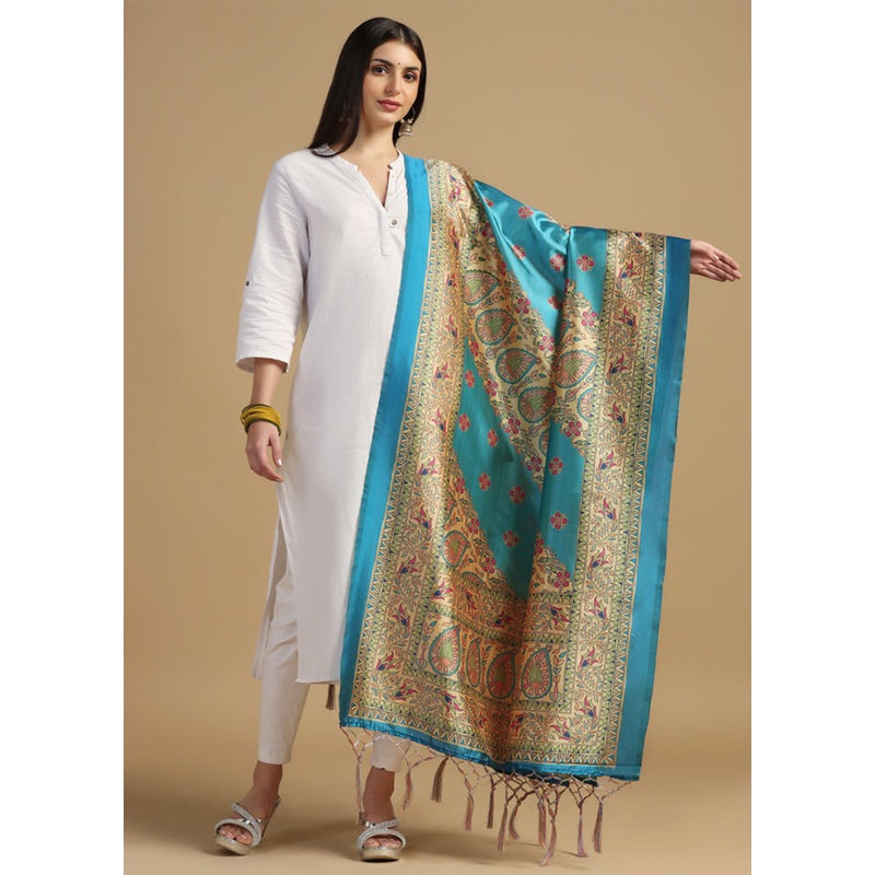 Sky Blue Banarasi Silk Dupatta - JD986610842
