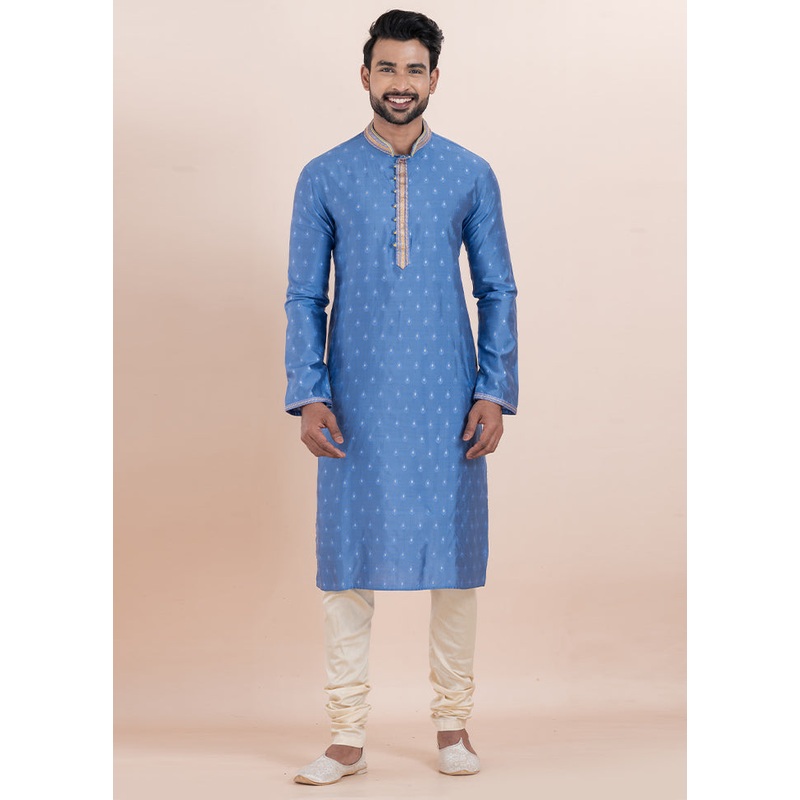 Sky Blue Cotton Kurta And Pajama Set - JD986610715