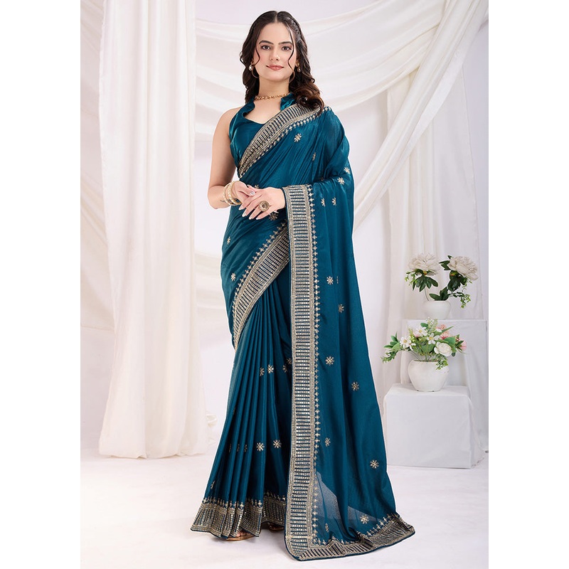Teal Blue Spun Silk Saree With Blouse Piece - JD986610857