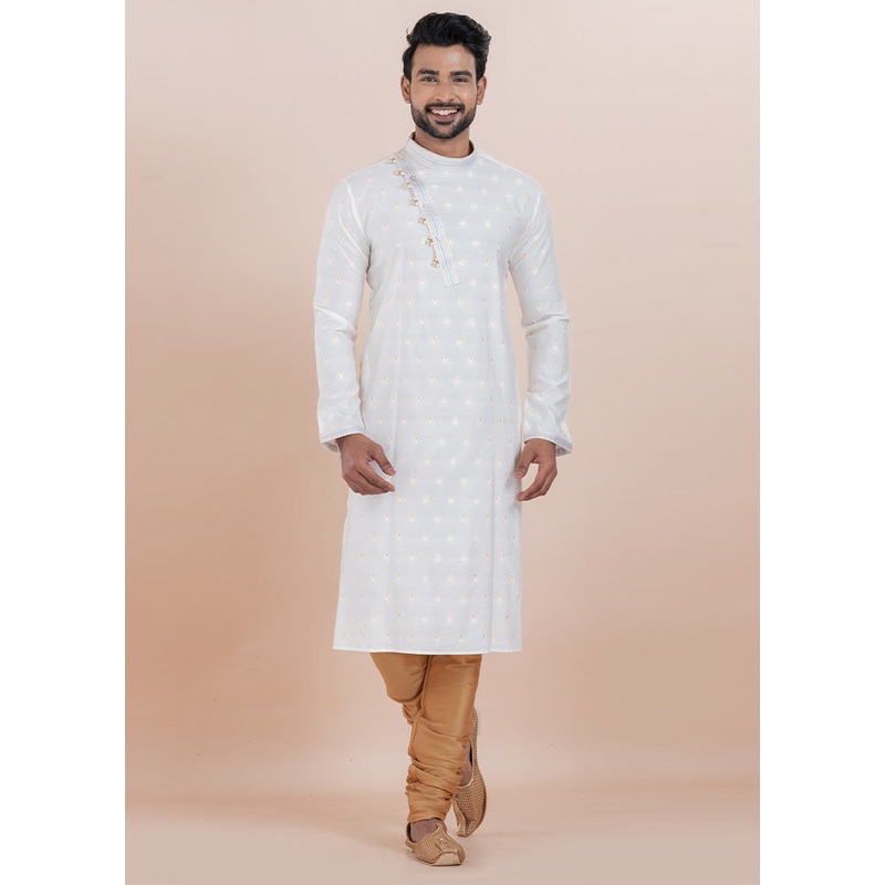 White Cotton Kurta And Pajama Set - JD986610714