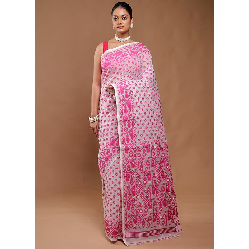 White Tant Jamdani Saree Without Blouse Piece - JD986610746